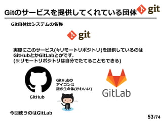/18/74
Gitのサービスを提供してくれている団体
Git自体はシステムの名称
実際にこのサービス(≒リモートリポジトリ)を提供しているのは
GitHubとかGitLabとかです．
(※リモートリポジトリは自分でたてることもできる)
今回使...