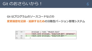 Git のおさらいから！
Git はプログラムのソースコードなどの
変更履歴を記録・追跡するための分散型バージョン管理システム
6
 