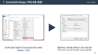 7. TortoiseGit Merge (작업 내용 병합)
프로젝트 폴더 우클릭 후 [TortoiseGit] 메뉴 아래의
[Merge…] 선택
병합하려는 브랜치를 선택한 후 [OK] 버튼 클릭
(현재 HEAD인 master와 작업 내용인 TestBranch를 병합)
Author : MDLicht
23
 