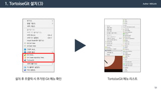 1. TortoiseGit 설치(3)
설치 후 우클릭 시 추가된 Git 메뉴 확인 TortoiseGit 메뉴 리스트
Author : MDLicht
51
 