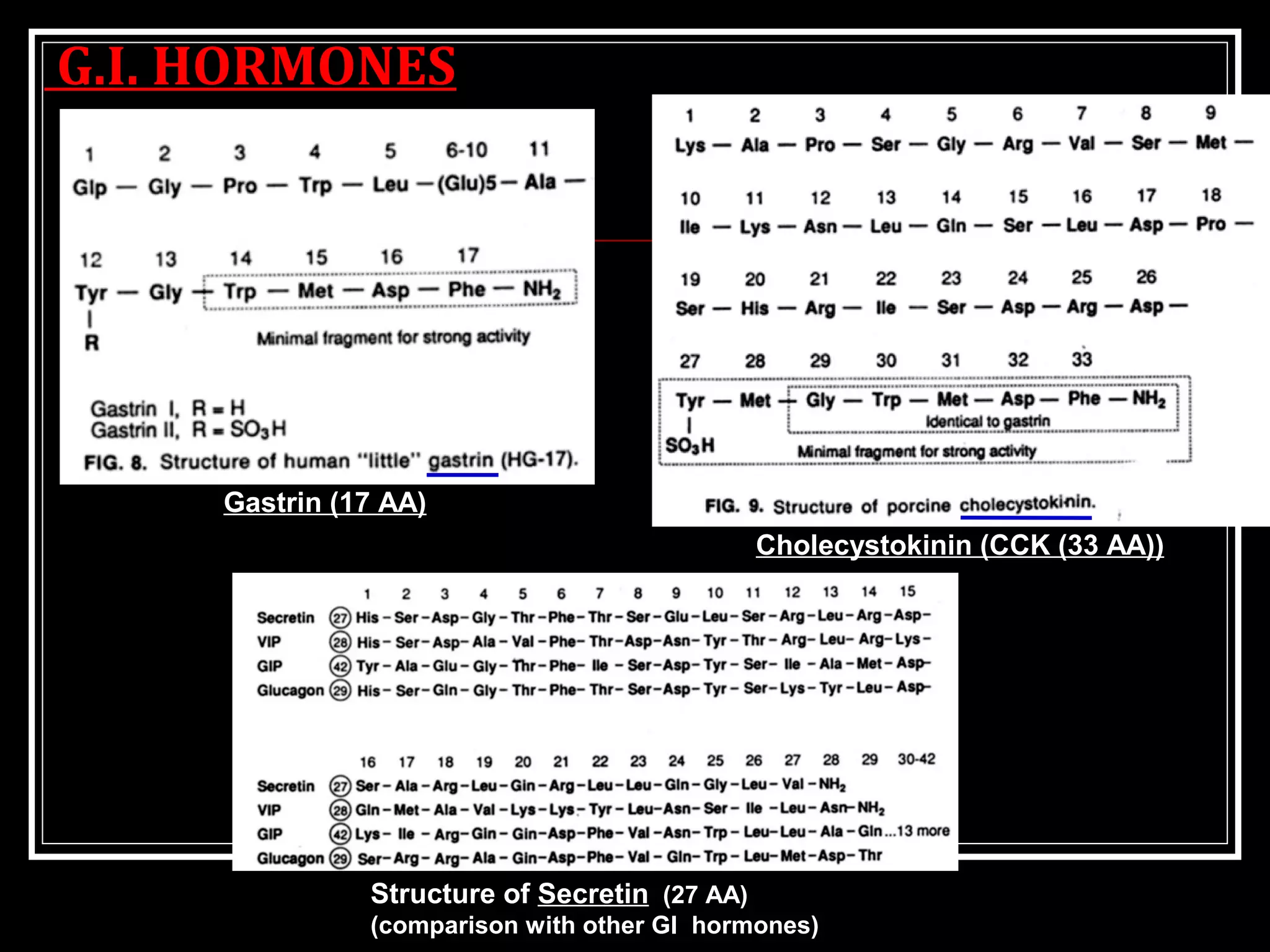 G.I. HORMONES
Structure ofStructure of SecretinSecretin (27 AA)(27 AA)
(comparison with other GI hormones)(comparison with other GI hormones)
Gastrin (17 AA)Gastrin (17 AA)
Cholecystokinin (CCK (33 AA))Cholecystokinin (CCK (33 AA))
 