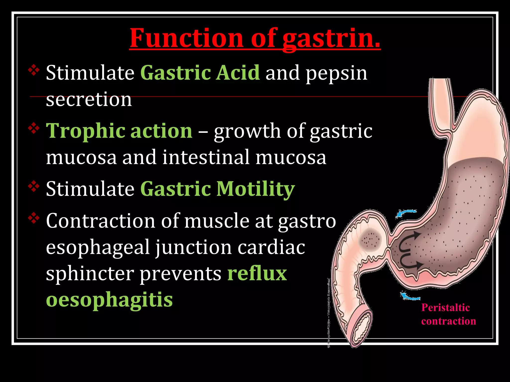 Function of gastrin.
 Stimulate Gastric Acid and pepsin
secretion
 Trophic action – growth of gastric
mucosa and intestinal mucosa
 Stimulate Gastric Motility
 Contraction of muscle at gastro
esophageal junction cardiac
sphincter prevents reflux
oesophagitis Peristaltic
contraction
 
