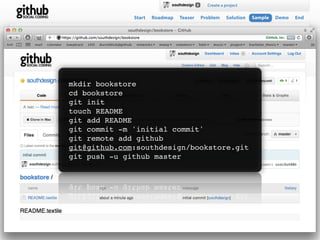 Create a project

                      Start   Roadmap   Teaser   Problem     Solution   Sample   Demo   End



Bookstore



        mkdir bookstore
        cd bookstore
        git init
        touch README
        git add README
        git commit -m 'initial commit'
        git remote add github
        git@github.com:southdesign/bookstore.git
        git push -u github master
 