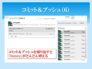 コミット＆プッシュ（６）




コミット＆プッシュを繰り返すと
「history」がどんどん増える
 