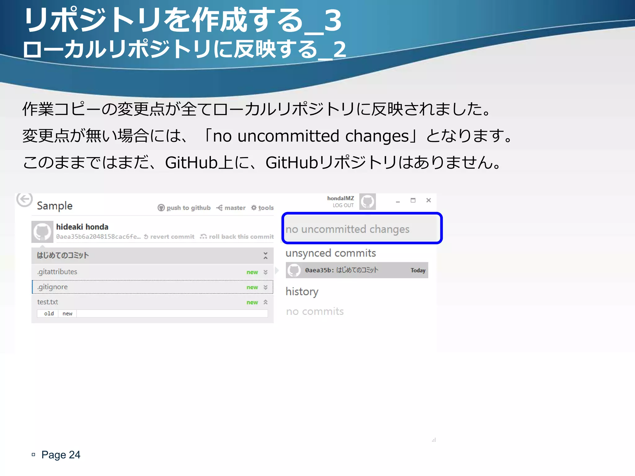 リポジトリを作成する_3
ローカルリポジトリに反映する_2

作業コピーの変更点が全てローカルリポジトリに反映されました。
変更点が無い場合には、「no uncommitted changes」となります。
このままではまだ、GitHub上に、GitHubリポジトリはありません。




 Page 24
 