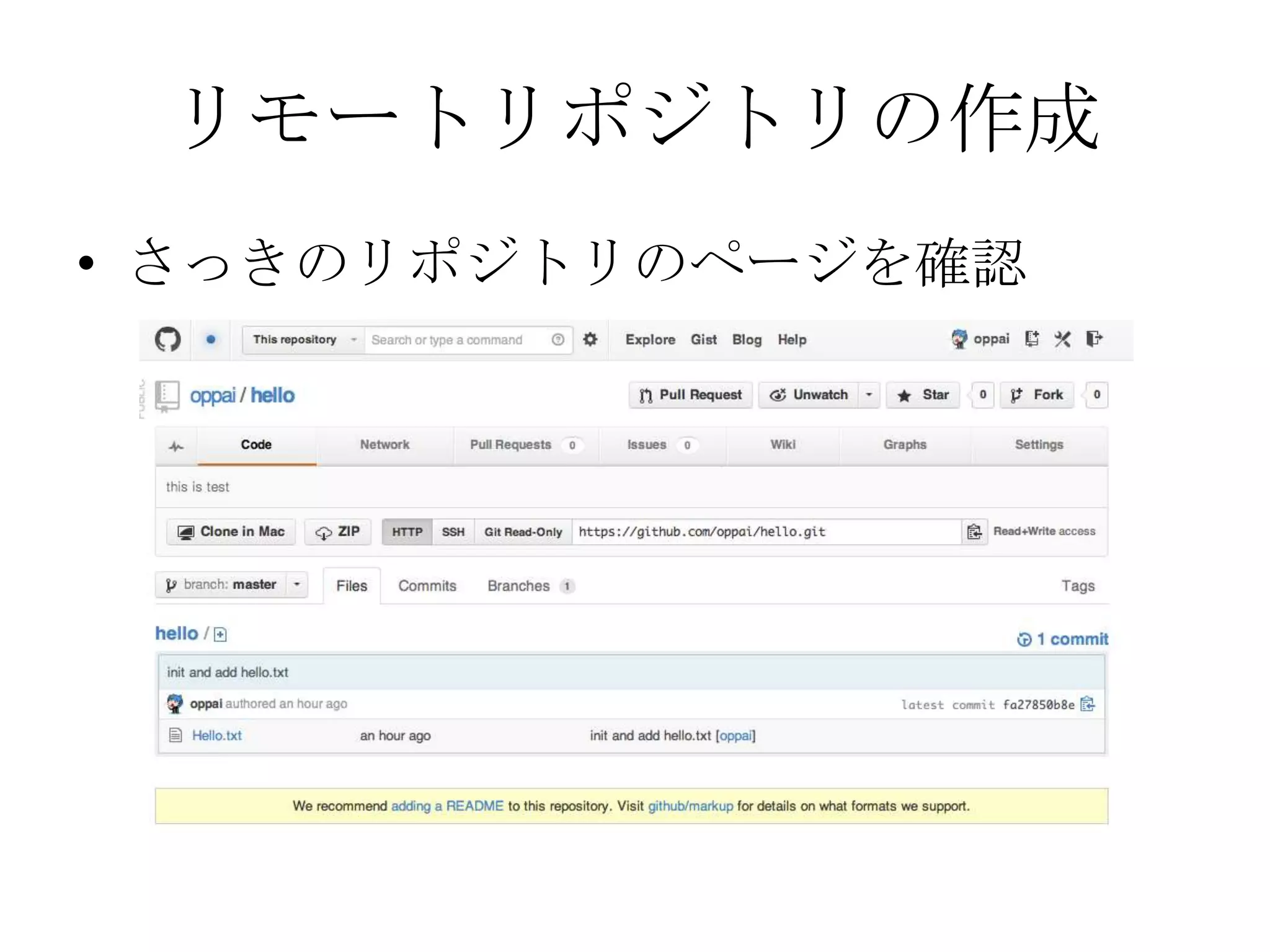 リモートリポジトリの作成
• さっきのリポジトリのページを確認
 