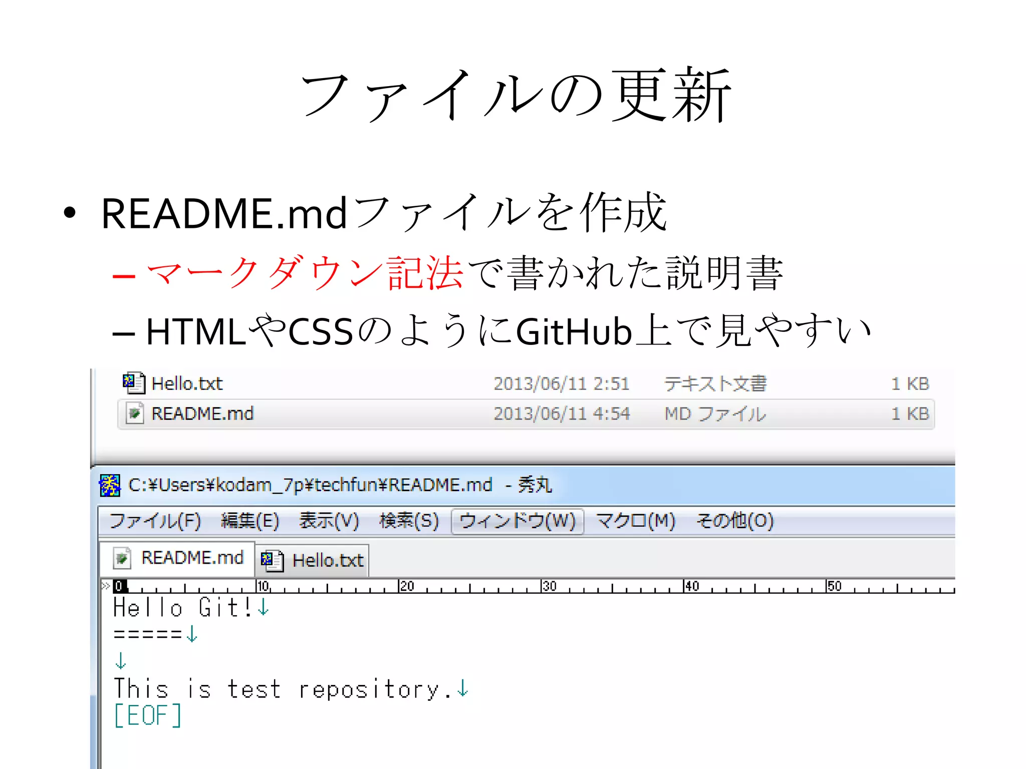 ファイルの更新
• README.mdファイルを作成
– マークダウン記法で書かれた説明書
– HTMLやCSSのようにGitHub上で見やすい
 
