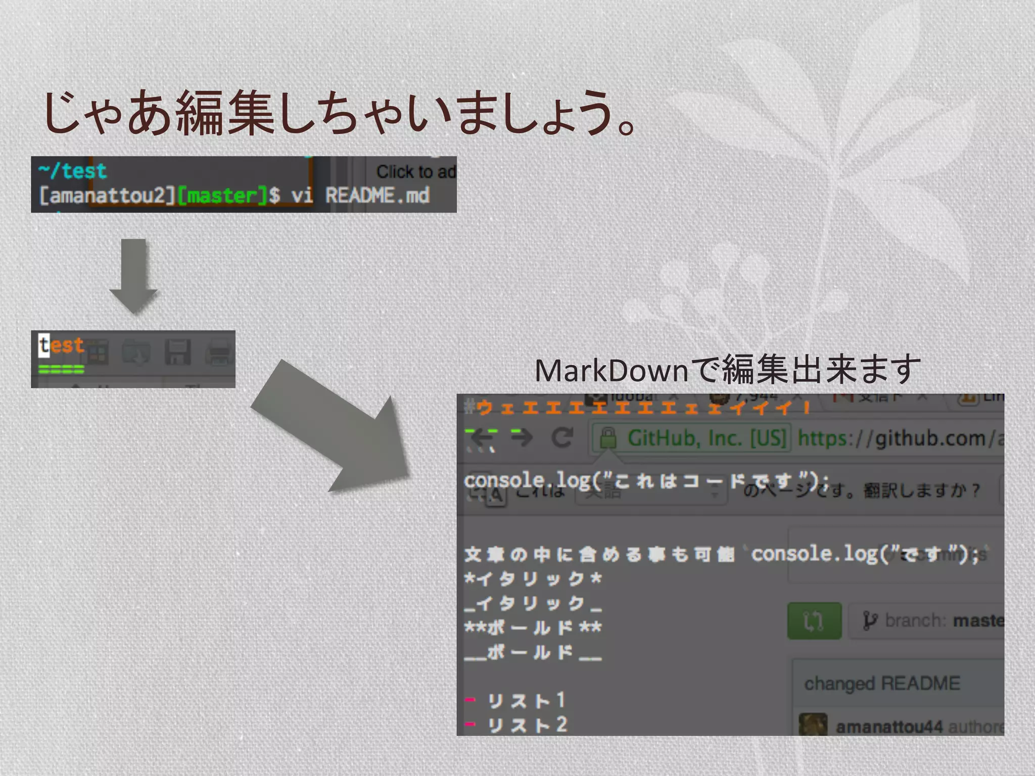 じゃあ編集しちゃいましょう。	
  

MarkDownで編集出来ます	
  

 