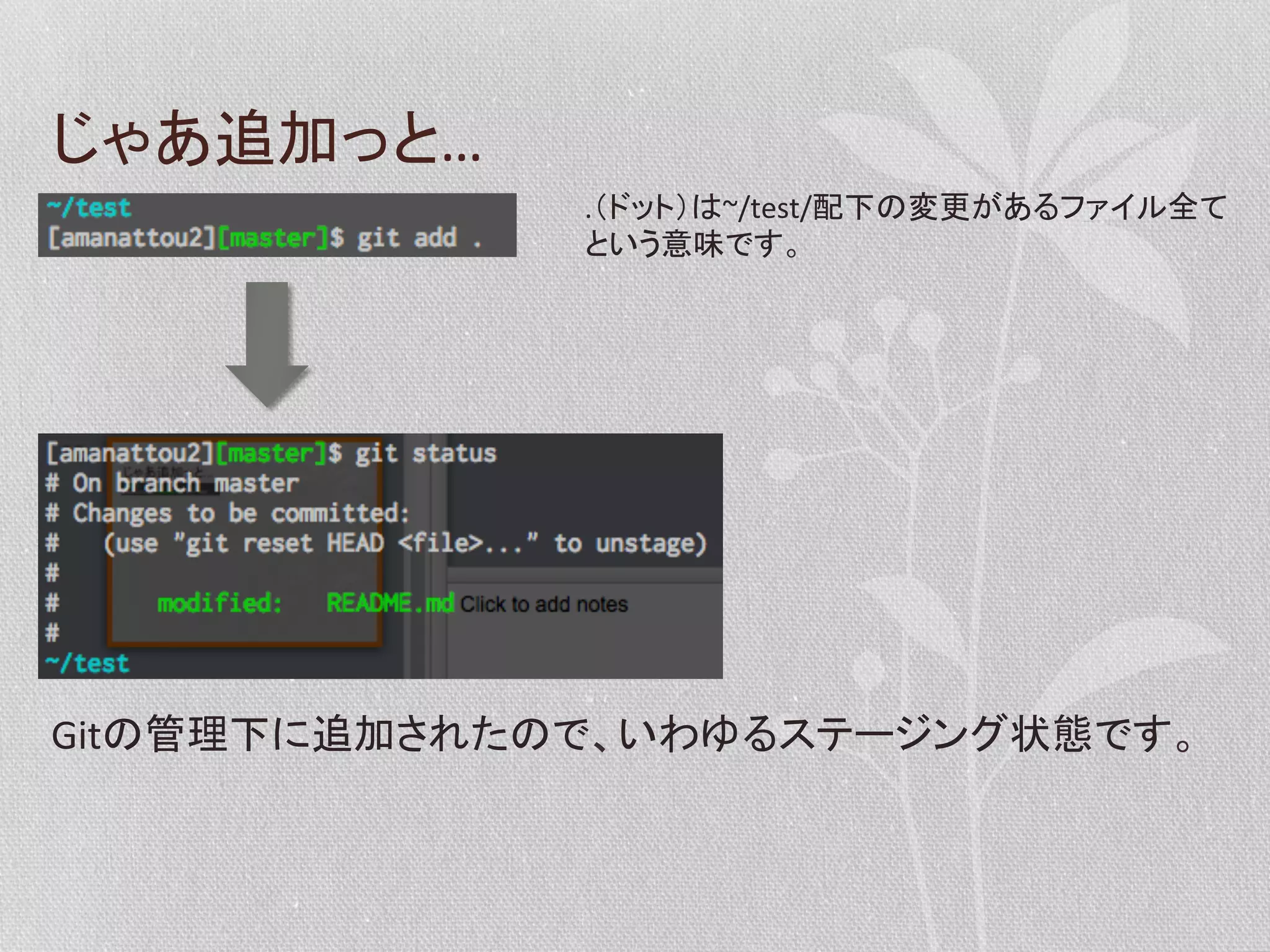 じゃあ追加っと…	
  
.（ドット）は~/test/配下の変更があるファイル全て	
  
という意味です。	
  

Gitの管理下に追加されたので、いわゆるステージング状態です。	
  

 