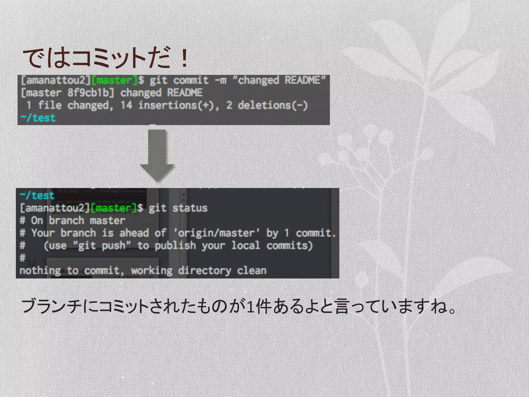 ではコミットだ！	
  

ブランチにコミットされたものが1件あるよと言っていますね。	
  

 