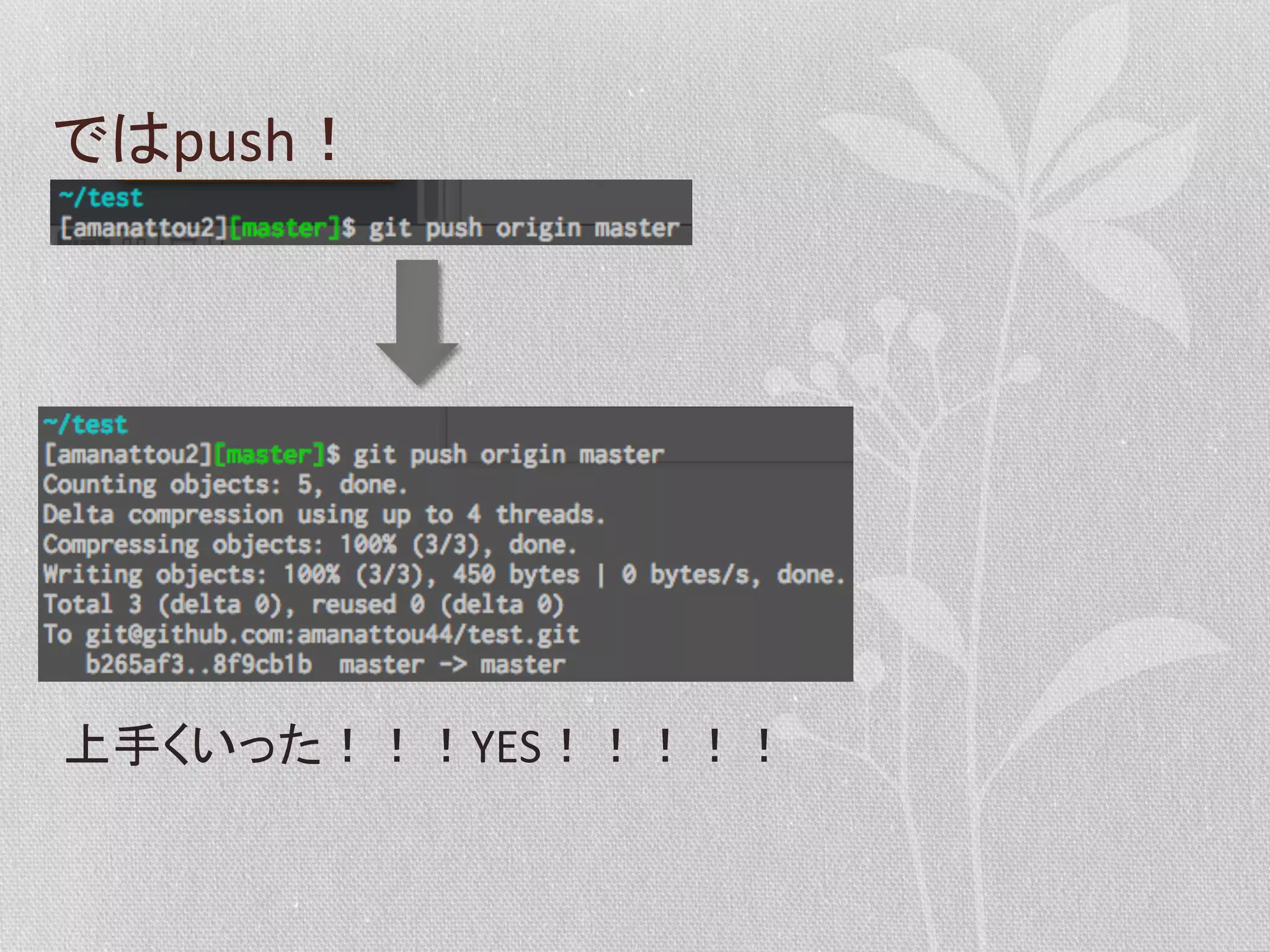 ではpush！	
  

上手くいった！！！YES！！！！！	
  

 