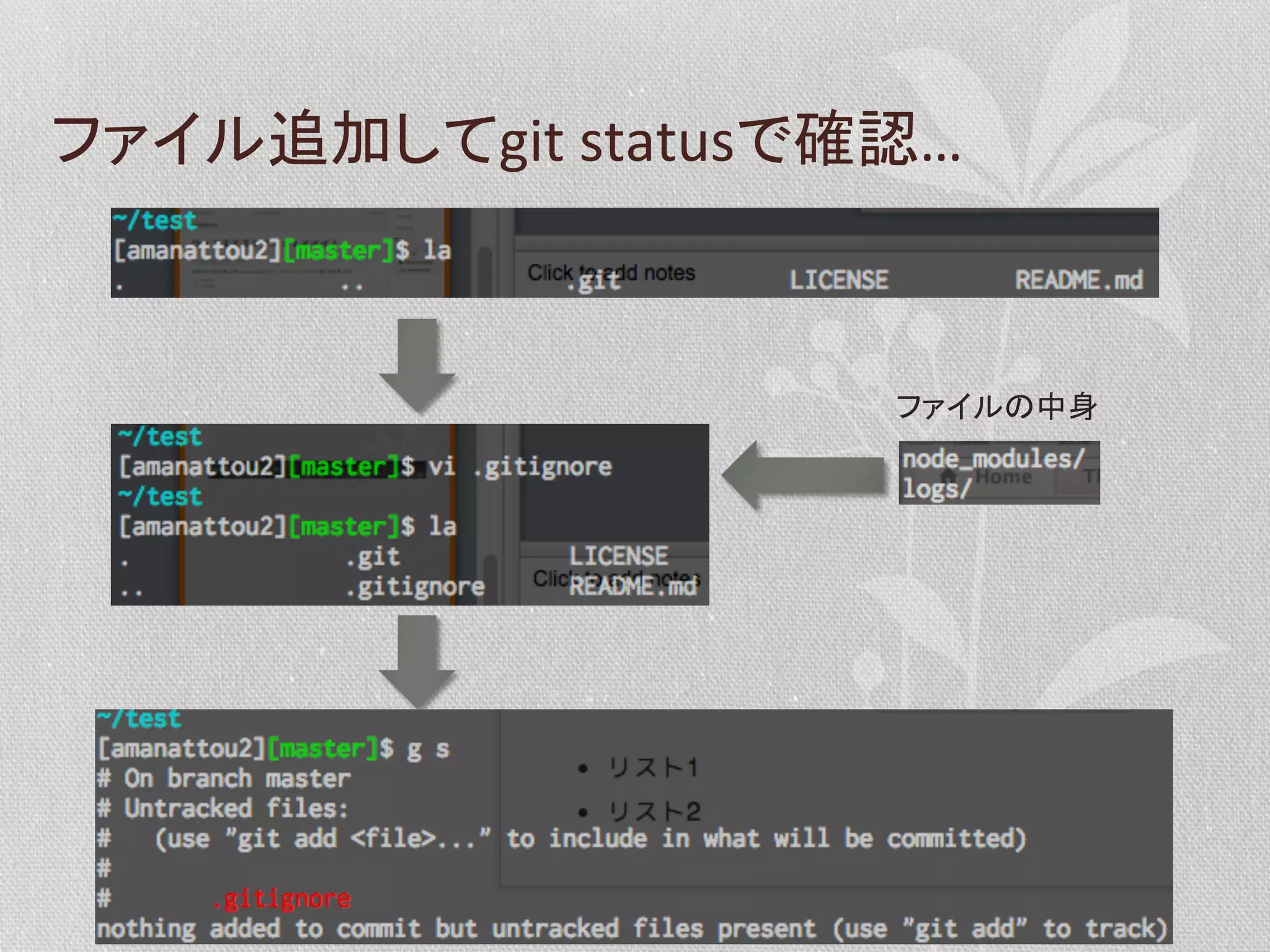 ファイル追加してgit	
  statusで確認…	
  

ファイルの中身	
  

 