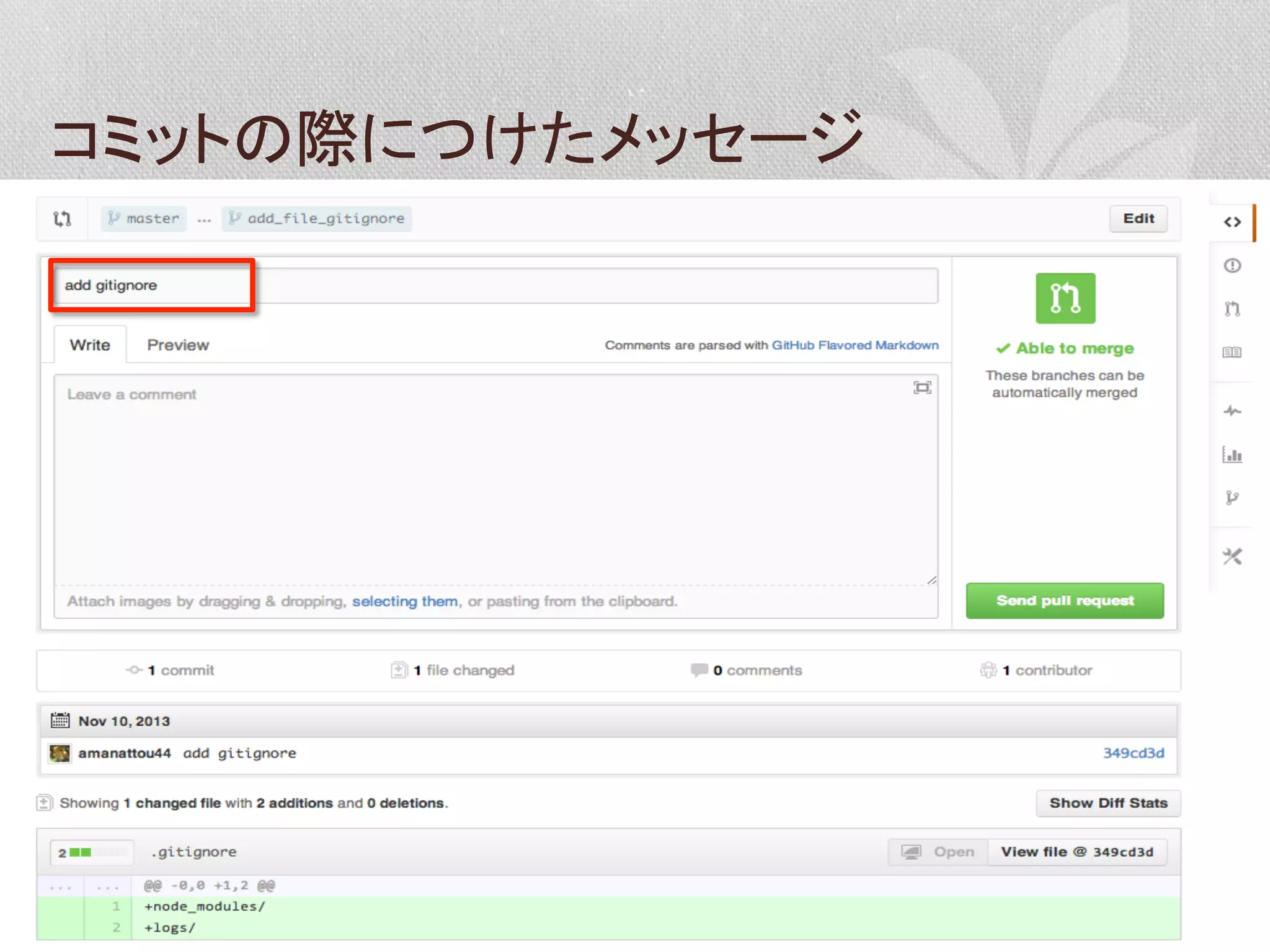 コミットの際につけたメッセージ	
  

 