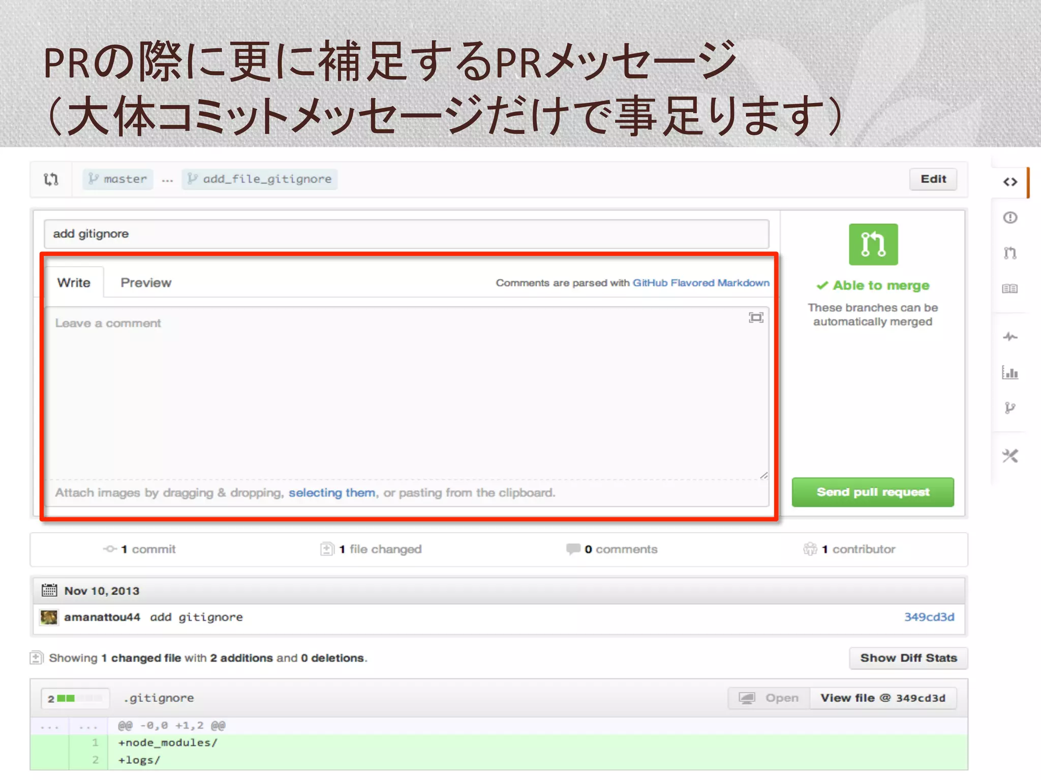 PRの際に更に補足するPRメッセージ	
  
（大体コミットメッセージだけで事足ります）	
  

 