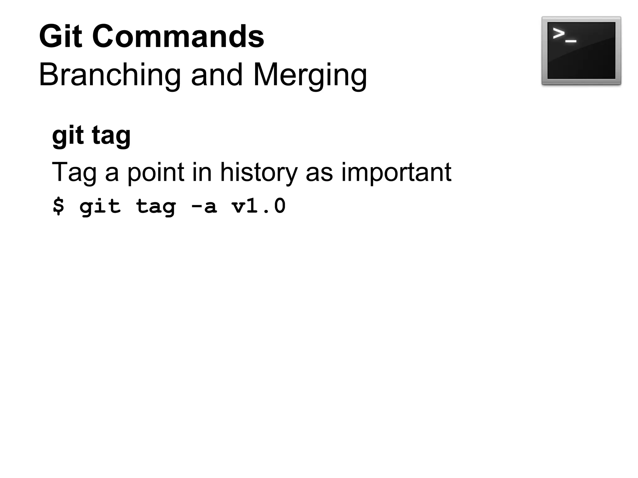 Git Commands
Branching and Merging
git tag
Tag a point in history as important
$ git tag -a v1.0
 
