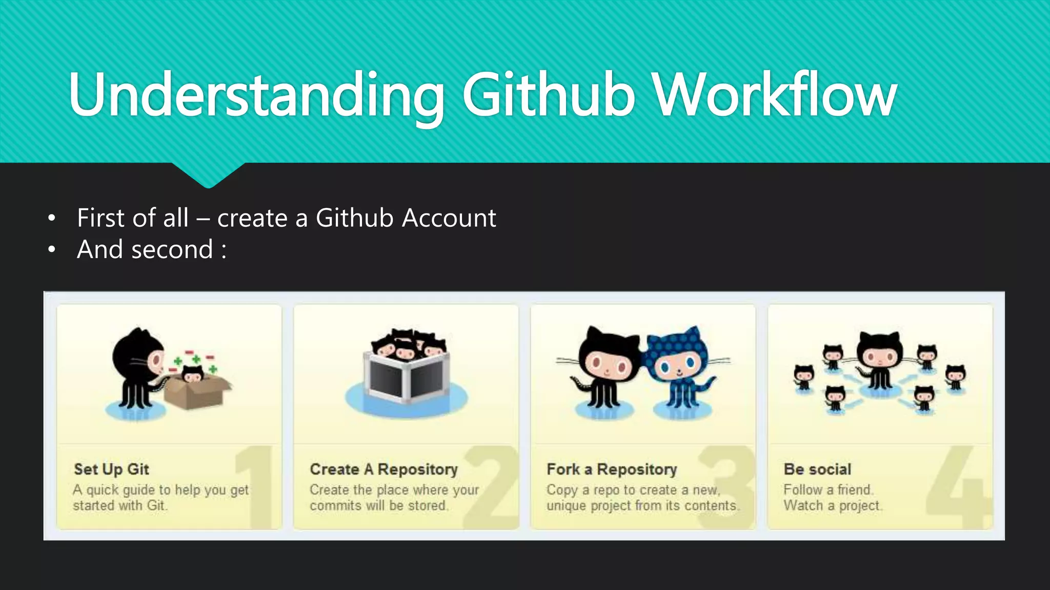 Understanding Github Workflow
• First of all – create a Github Account
• And second :
 