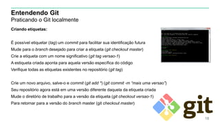 Entendendo Git
Praticando o Git localmente
Criando etiquetas:
É possível etiquetar (tag) um commit para facilitar sua identificação futura
Mude para o branch desejado para criar a etiqueta (git checkout master)
Crie a etiqueta com um nome significativo (git tag versao-1)
A estiqueta criada aponta para aquela versão específica do código
Verifique todas as etiquetas existentes no repositório (git tag)
Crie um novo arquivo, salve-o e commit (git add *) (git commit -m “mais uma versao”)
Seu repositório agora está em uma versão diferente daquela da etiqueta criada
Mude o diretório de trabalho para a versão da etiqueta (git checkout versao-1)
Para retornar para a versão do branch master (git checkout master)
18
 
