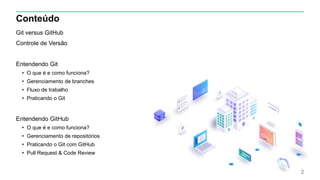 Conteúdo
Git versus GitHub
Controle de Versão
Entendendo Git
• O que é e como funciona?
• Gerenciamento de branches
• Fluxo de trabalho
• Praticando o Git
Entendendo GitHub
• O que é e como funciona?
• Gerenciamento de repositórios
• Praticando o Git com GitHub
• Pull Request & Code Review
2
 