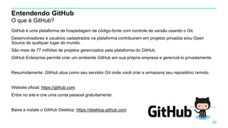 Entendendo GitHub
O que é GitHub?
GitHub é uma plataforma de hospedagem de código-fonte com controle de versão usando o Git.
Desenvolvedores e usuários cadastrados na plataforma contribuirem em projetos privados e/ou Open
Source de qualquer lugar do mundo.
São mais de 77 milhões de projetos gerenciados pela plataforma do GitHub.
GitHub Enterprise permite criar um ambiente GitHub em sua própria empresa e gerenciá-lo privadamente.
Resumidamente: GitHub atua como seu servidor Git onde você criar e armazena seu repositório remoto.
Website oficial: https://github.com
Entre no site e crie uma conta pessoal gratuitamente.
Baixe e instale o GitHub Desktop: https://desktop.github.com
20
 