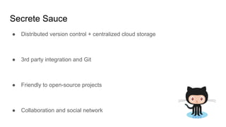 Secrete Sauce
● Distributed version control + centralized cloud storage
● 3rd party integration and Git
● Friendly to open-source projects
● Collaboration and social network
 
