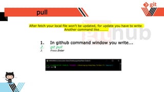 pull
1. In github command window you write….
2. git pull
3. Press Enter
After fetch your local file won’t be updated, for update you have to write
Another command like……….
 