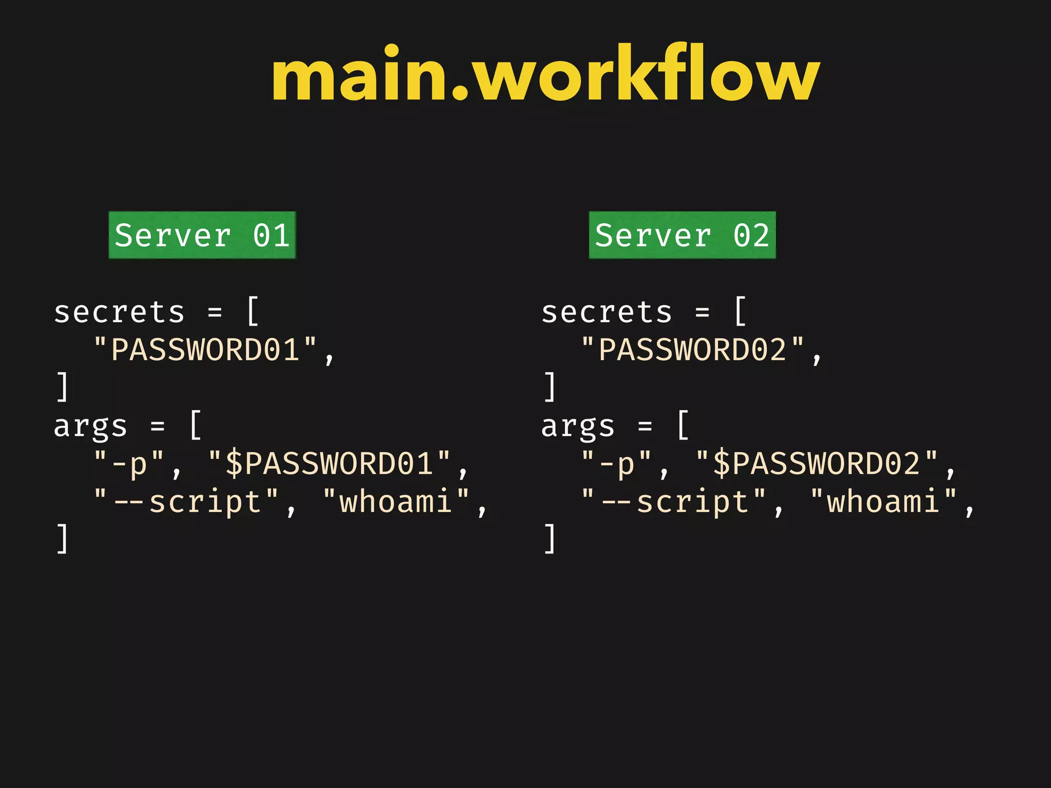 main.workﬂow
secrets = [
"PASSWORD01",
]
args = [
"-p", "$PASSWORD01",
"--script", "whoami",
]
secrets = [
"PASSWORD02",
]
args = [
"-p", "$PASSWORD02",
"--script", "whoami",
]
Server 01 Server 02
 