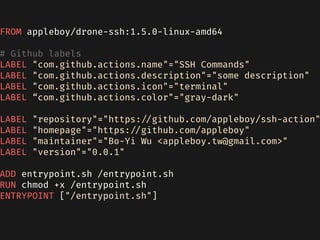 FROM appleboy/drone-ssh:1.5.0-linux-amd64
# Github labels
LABEL "com.github.actions.name"="SSH Commands"
LABEL "com.github.actions.description"="some description"
LABEL "com.github.actions.icon"="terminal"
LABEL “com.github.actions.color"="gray-dark"
LABEL "repository"="https://github.com/appleboy/ssh-action"
LABEL "homepage"="https://github.com/appleboy"
LABEL "maintainer"="Bo-Yi Wu <appleboy.tw@gmail.com>"
LABEL "version"="0.0.1"
ADD entrypoint.sh /entrypoint.sh
RUN chmod +x /entrypoint.sh
ENTRYPOINT ["/entrypoint.sh"]
 