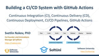 Continuous Integration (CI), Continuous Delivery (CD),
Continuous Deployment, CI/CD Pipelines, GitHub Actions
Building a CI/CD System with GitHub Actions
1
Software University
https://softuni.bg
Svetlin Nakov, PhD
Co-Founder and Innovations
Manager @ SoftUni
https://nakov.com
 