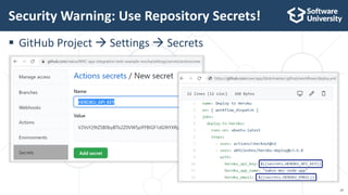  GitHub Project  Settings  Secrets
Security Warning: Use Repository Secrets!
19
 