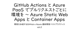 GitHub Actions と Azure
PaaS でプルリクエストごとに
環境を ～ Azure Static Web
Apps と Container Apps
開発を加速するGitHub x Azure 最新開発ベストプラクティス
vol.2
 