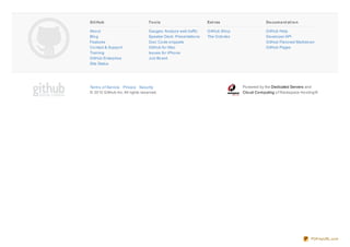Git Hub
About
Blog
Features
Contact & Support
Training
GitHub Enterprise
Site Status
Tools
Gauges:Analyze web traffic
Speaker Deck: Presentations
Gist: Code snippets
GitHub for Mac
Issues for iPhone
Job Board
Ext ras
GitHub Shop
The Octodex
Document at ion
GitHub Help
Developer API
GitHub Flavored Markdown
GitHub Pages
Terms of Service Privacy Security
© 2012 GitHub Inc.All rights reserved.
Powered by the Dedicated Servers and
Cloud Computing of Rackspace Hosting®
PDFmyURL.com
 