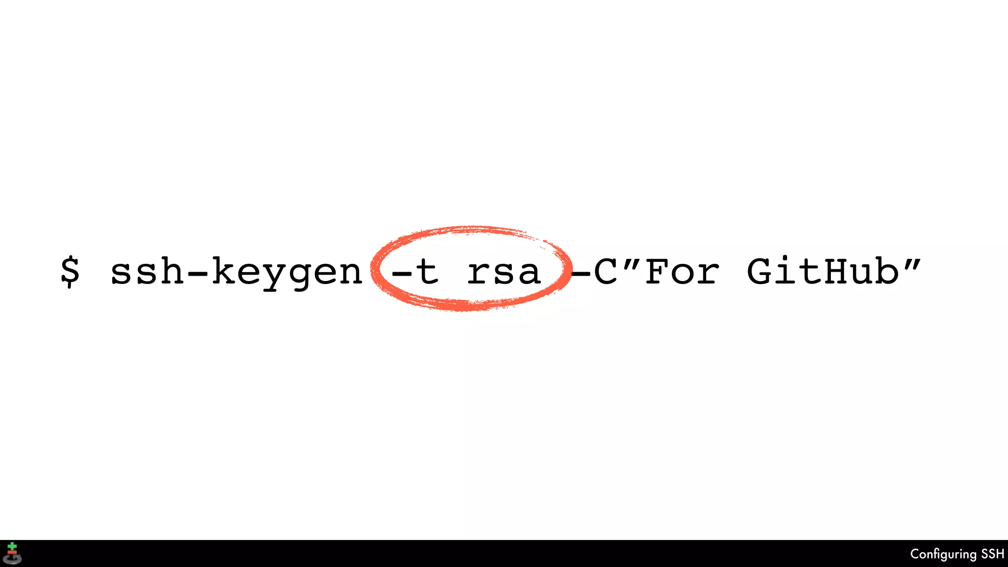 Conﬁguring SSH
$ ssh-keygen -t rsa -C”For GitHub”
 