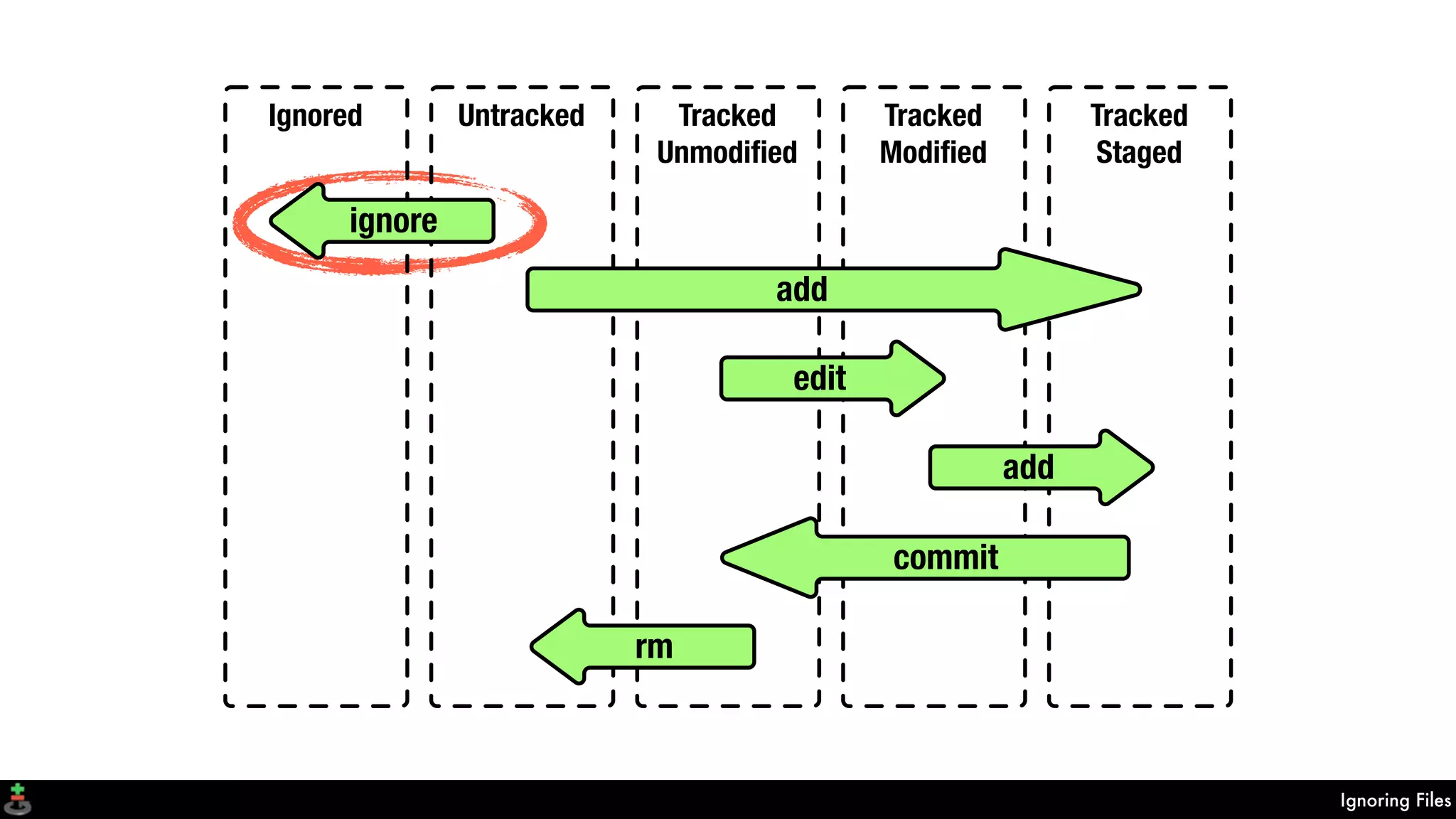 Ignoring Files
Untracked Tracked
Unmodiﬁed
Tracked
Modiﬁed
Tracked
Staged
Ignored
commit
add
edit
add
rm
ignore
 