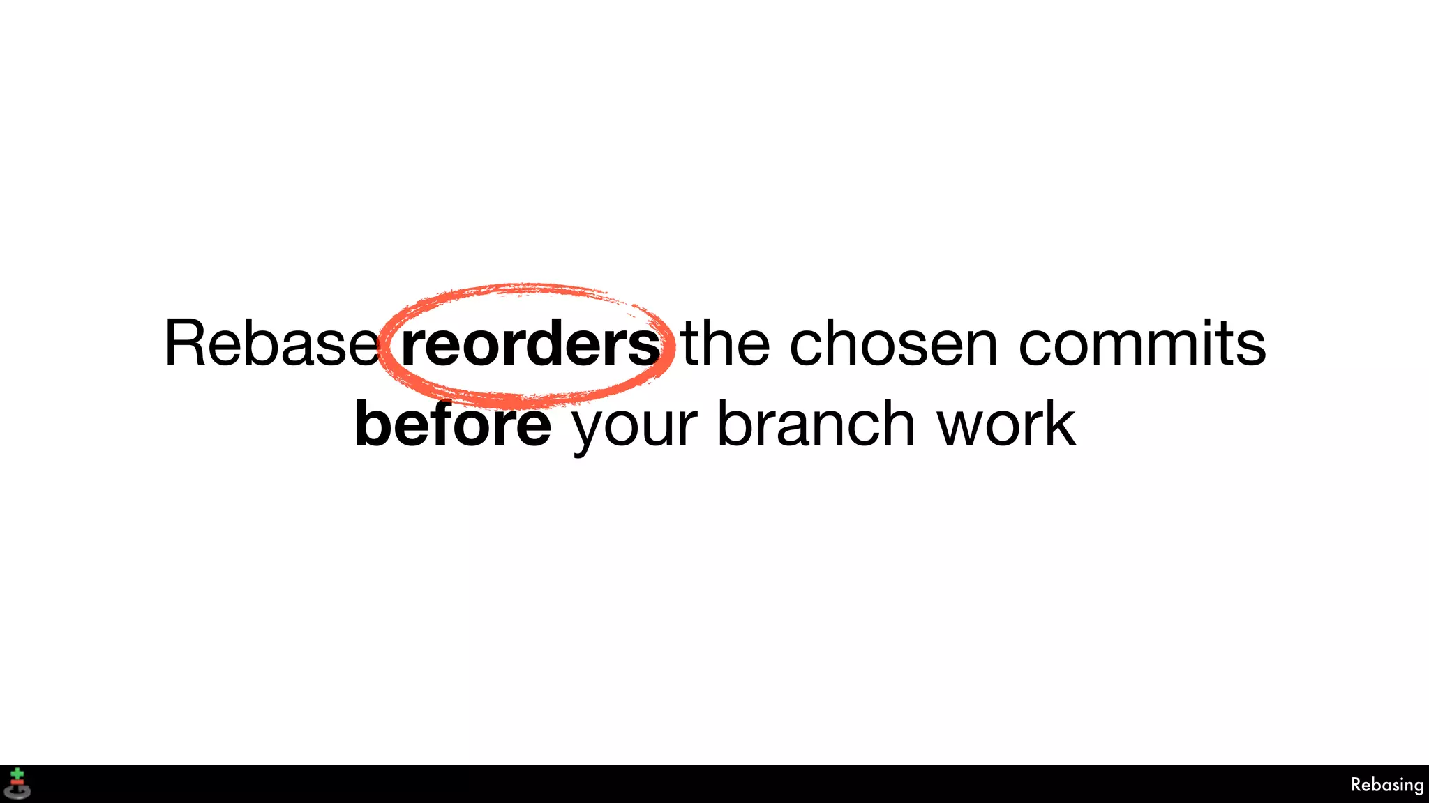Rebase reorders the chosen commits
before your branch work
Rebasing
 