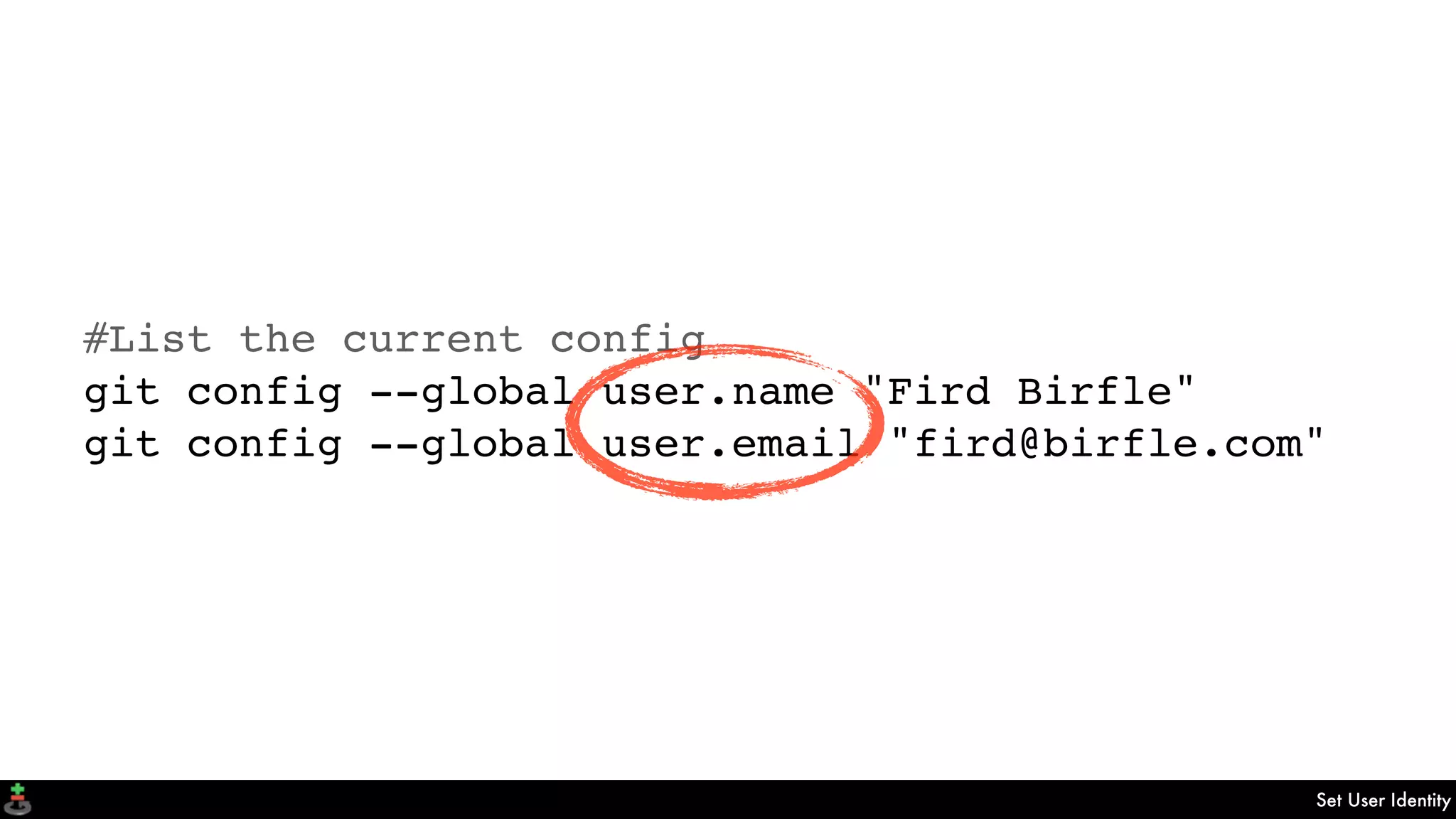 Set User Identity
#List the current config
git config --global user.name "Fird Birfle"
git config --global user.email "fird@birfle.com"
 