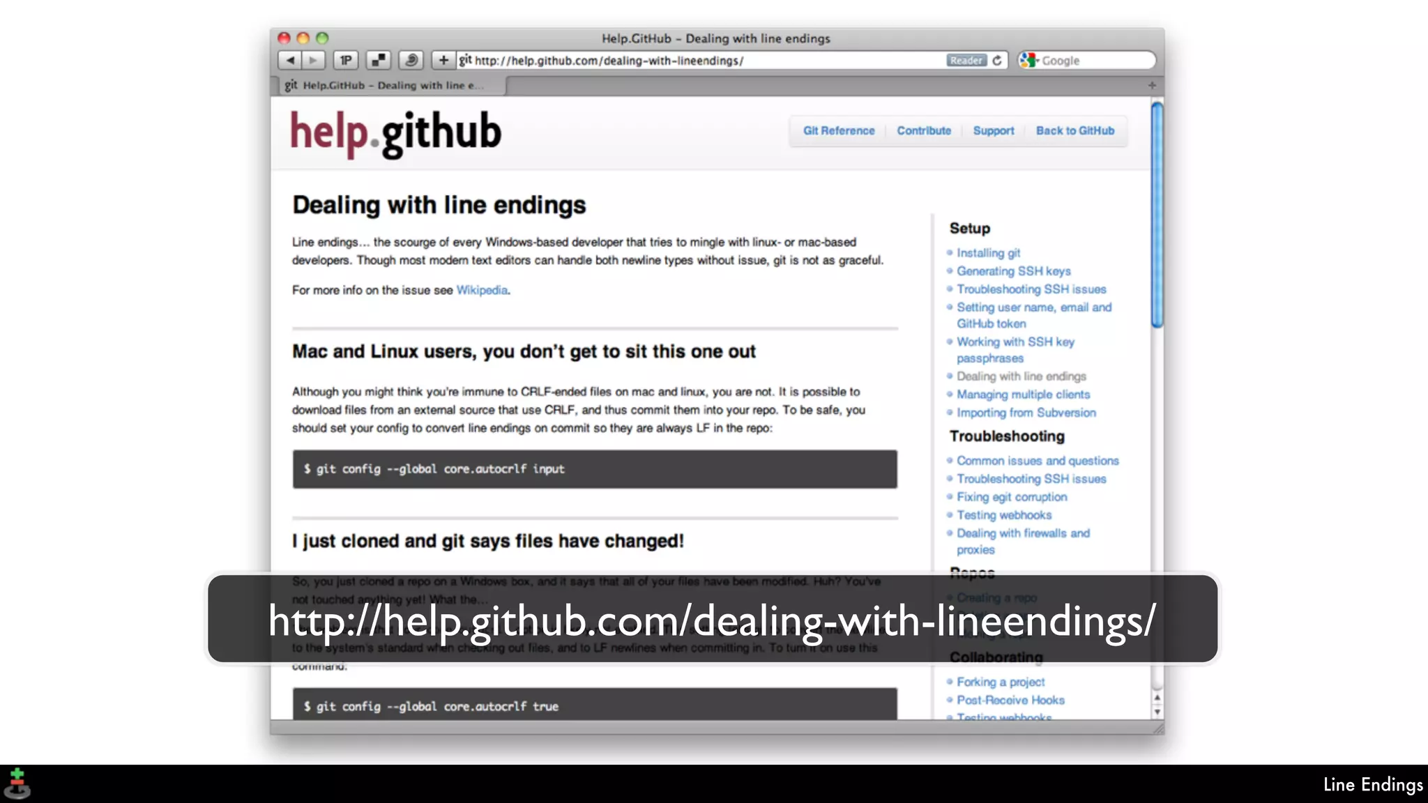 Line Endings
http://help.github.com/dealing-with-lineendings/
 