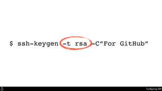 Conﬁguring SSH
$ ssh-keygen -t rsa -C”For GitHub”
 