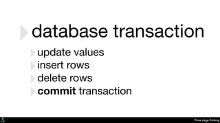 Three stage thinking
‣database transaction
‣update values
‣insert rows
‣delete rows
‣commit transaction
 
