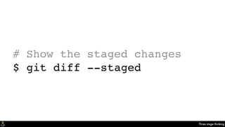 Three stage thinking
# Show the staged changes
$ git diff --staged
 