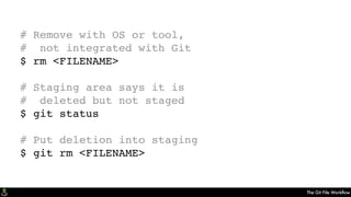 The Git File Workﬂow
# Remove with OS or tool,
# not integrated with Git
$ rm <FILENAME>
# Staging area says it is
# deleted but not staged
$ git status
# Put deletion into staging
$ git rm <FILENAME>
 