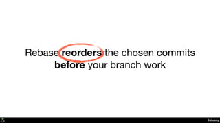 Rebase reorders the chosen commits
before your branch work
Rebasing
 