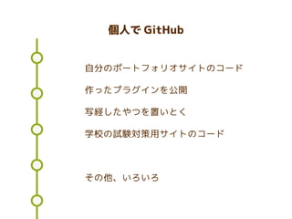 個人で GitHub
自分のポートフォリオサイトのコード
作ったプラグインを公開
写経したやつを置いとく
学校の試験対策用サイトのコード
その他、いろいろ
 