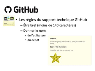 • Les règles du support technique GitHub
– Être bref (moins de 140 caractères)
– Donner le nom
• de l’utilisateur
• du dépôt

 