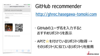 GitHub recommender
http://ghrec.hasegawa-tomoki.com
? ҾٱܲΥ`???
ݥȥ?
? API?򸶤Ƥݥȥȡ 
ΥݥȥƤƤݥȥ]
 