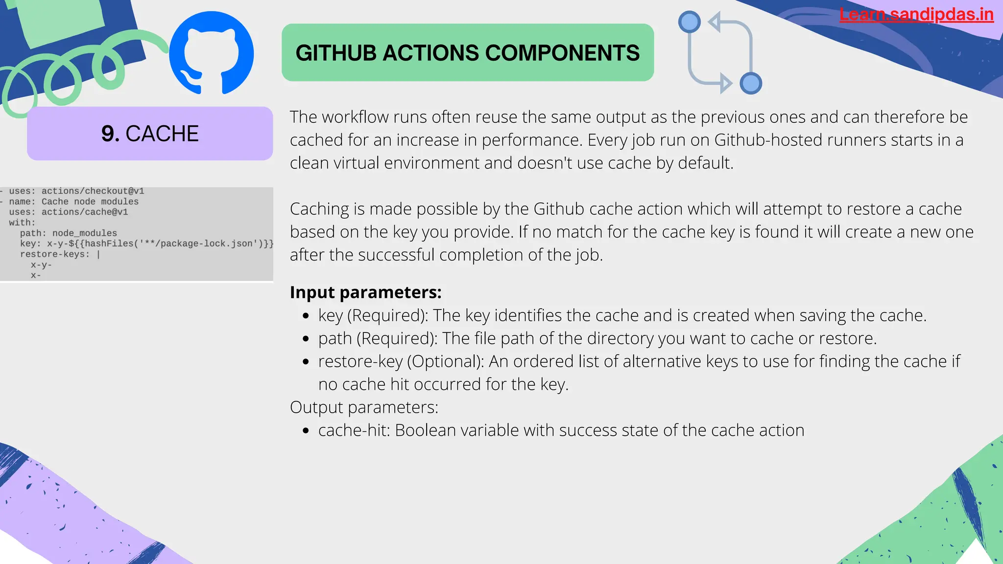 GITHUB ACTIONS COMPONENTS
9. CACHE
The workflow runs often reuse the same output as the previous ones and can therefore be
cached for an increase in performance. Every job run on Github-hosted runners starts in a
clean virtual environment and doesn't use cache by default.
Caching is made possible by the Github cache action which will attempt to restore a cache
based on the key you provide. If no match for the cache key is found it will create a new one
after the successful completion of the job.
key (Required): The key identifies the cache and is created when saving the cache.
path (Required): The file path of the directory you want to cache or restore.
restore-key (Optional): An ordered list of alternative keys to use for finding the cache if
no cache hit occurred for the key.
cache-hit: Boolean variable with success state of the cache action
Input parameters:
Output parameters:
Learn.sandipdas.in
 