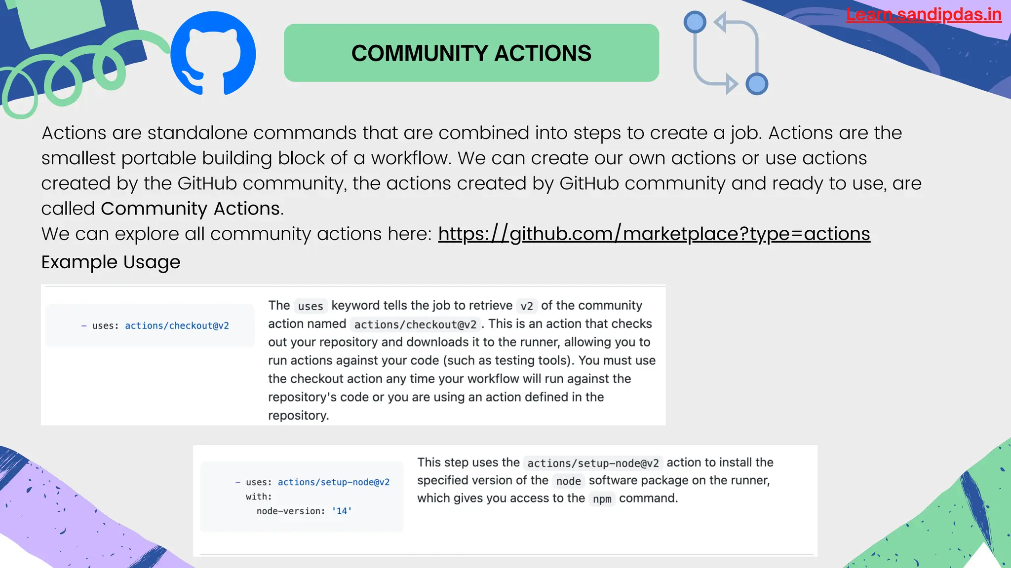 COMMUNITY ACTIONS
Actions are standalone commands that are combined into steps to create a job. Actions are the
smallest portable building block of a workflow. We can create our own actions or use actions
created by the GitHub community, the actions created by GitHub community and ready to use, are
called Community Actions.
We can explore all community actions here: https://github.com/marketplace?type=actions
Example Usage
Learn.sandipdas.in
 