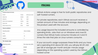 PRICING
GitHub Actions usage is free for both public repositories and
self-hosted runners.
For private repositories, each GitHub account receives a
certain amount of free minutes and storage, depending on
the product used with the account.
Any usage beyond the included amounts is controlled by
spending limits. Jobs that run on Windows and macOS
runners that GitHub hosts consume minutes at 2 and 10
times the rate that jobs on Linux runners consume.
If your account's usage surpasses these limits and you have
set a spending limit above $0 USD, you will pay $0.25 USD
per GB of storage per month and per-minute usage
depending on the operating system used by the GitHub-
hosted runner
Learn.sandipdas.in
 