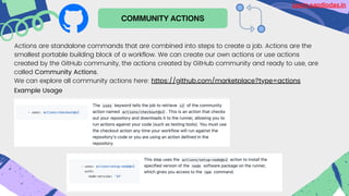 COMMUNITY ACTIONS
Actions are standalone commands that are combined into steps to create a job. Actions are the
smallest portable building block of a workflow. We can create our own actions or use actions
created by the GitHub community, the actions created by GitHub community and ready to use, are
called Community Actions.
We can explore all community actions here: https://github.com/marketplace?type=actions
Example Usage
Learn.sandipdas.in
 