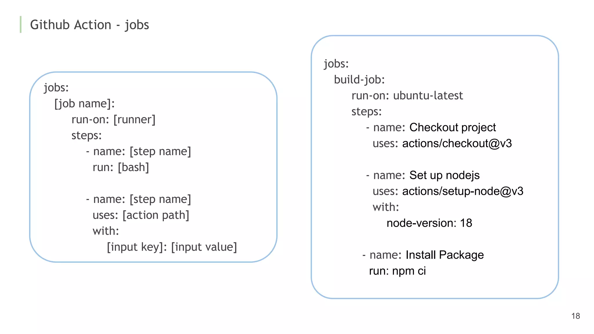 Github Action - jobs
18
jobs:
[job name]:
run-on: [runner]
steps:
- name: [step name]
run: [bash]
- name: [step name]
uses: [action path]
with:
[input key]: [input value]
jobs:
build-job:
run-on: ubuntu-latest
steps:
- name: Checkout project
uses: actions/checkout@v3
- name: Set up nodejs
uses: actions/setup-node@v3
with:
node-version: 18
- name: Install Package
run: npm ci
 