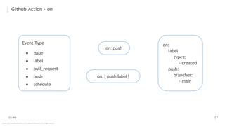 Github Action - on
Source: https://docs.github.com/en/actions/using-workflows/events-that-trigger-workflows
on: push
on: [ push,label ]
on:
label:
types:
- created
push:
branches:
- main
Event Type
● issue
● label
● pull_request
● push
● schedule
 